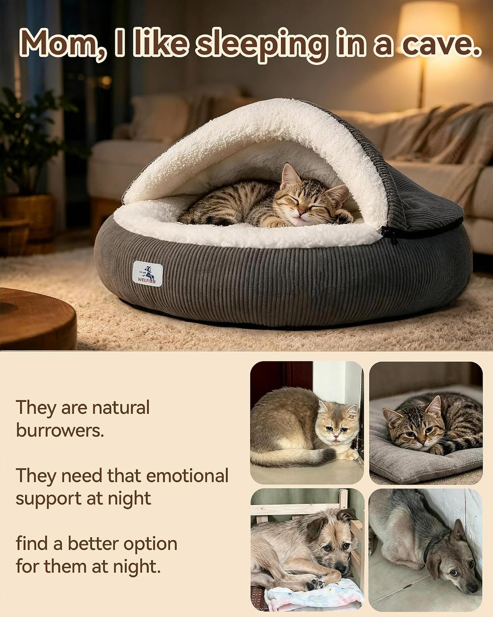Calming Cozy Dog Cave Cover Bed, Burrow Small Doggy Anti Anxiety