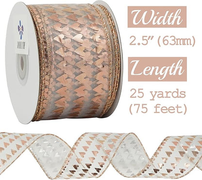 MEEDEE 2.5 Inch Rose Gold Heart Wired Ribbon 25 Yards Pink Sheer Ribbons - Image 2