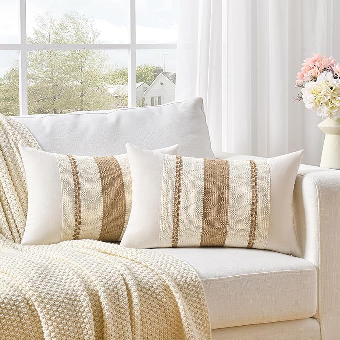 Fancy Homi Set of 2 Neutral Tan Lumbar Decorative Throw Pillow Cover 12x20 Inch by Fancy+Homi