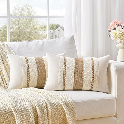Fancy Homi Set of 2 Neutral Tan Lumbar Decorative Throw Pillow Cover 12x20 Inch by Fancy+Homi