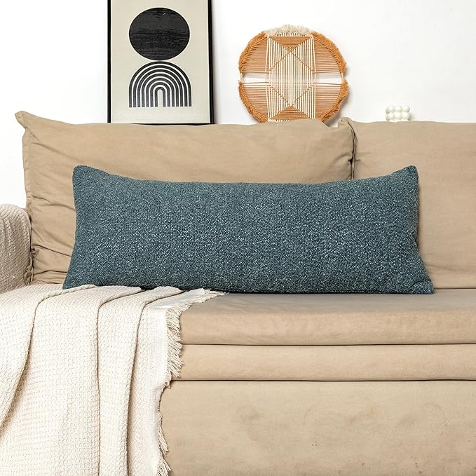 14x36 Boucle Lumbar Pillow Cover, Dusty Blue Woven Texture Neutral Long Pillow - Image 8