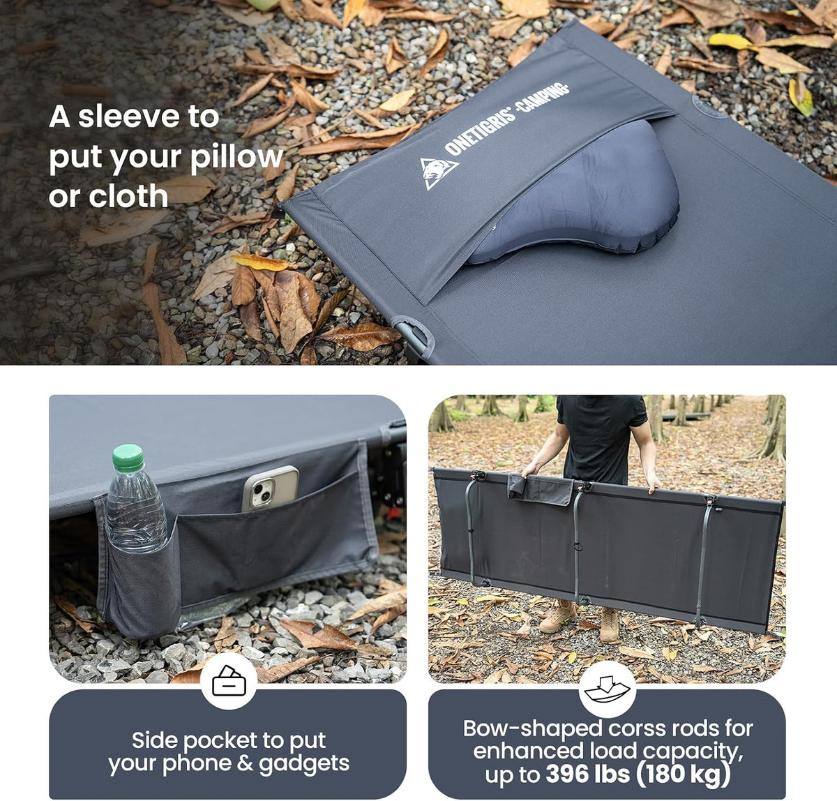 onetigris supragris camping cot, ultralight & compact, support, close-up detail