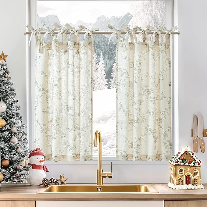jinchan Floral Kitchen Curtains 36 Inch Linen Tier Curtains Christmas Decor by JINCHAN