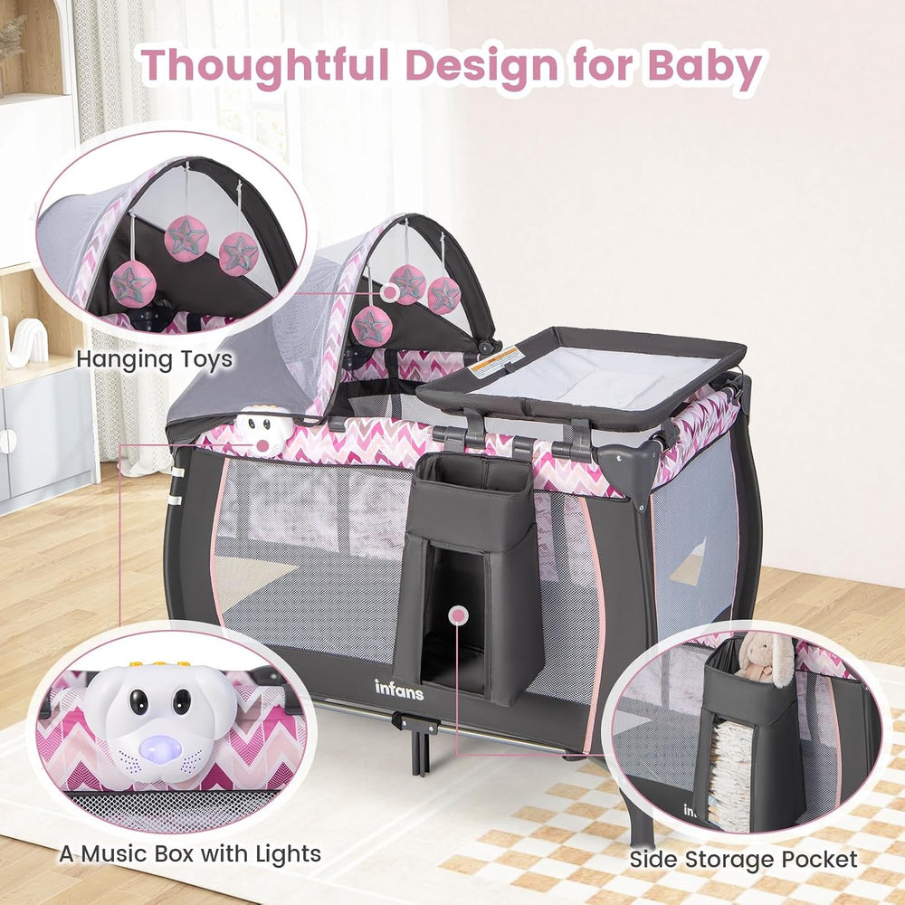 INFANS 4 in 1 Pack and Play with Bassinet, Changing Table, Storage Basket