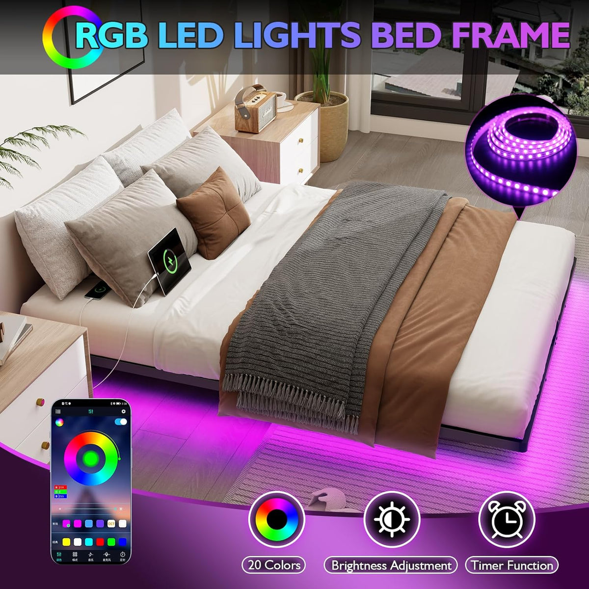 queen size floating metal bed frame with smart, close-up detail