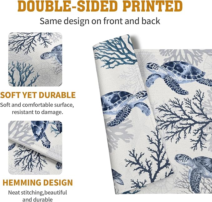 Coastal Beach Placemats Set of 4 Nautical Theme Coral Sea Turtle Navy Blue - Image 5