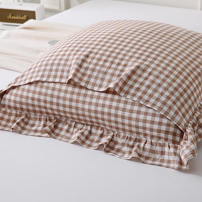 Aryeleay 2 Pack Khaki White Plaid Gingham Ruffle Pillow Shams, 100% Washed - Image 4