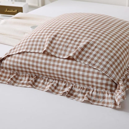 Aryeleay 2 Pack Khaki White Plaid Gingham Ruffle Pillow Shams, 100% Washed - Image 4