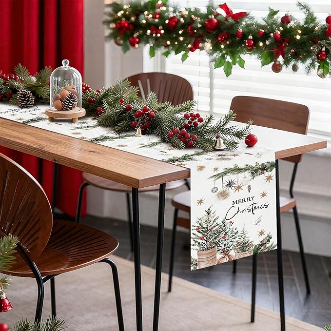 OTOSTAR Xmas Trees Holly Pine Cone Merry Christmas Table Runner, Xmas Seasonal - Image 8