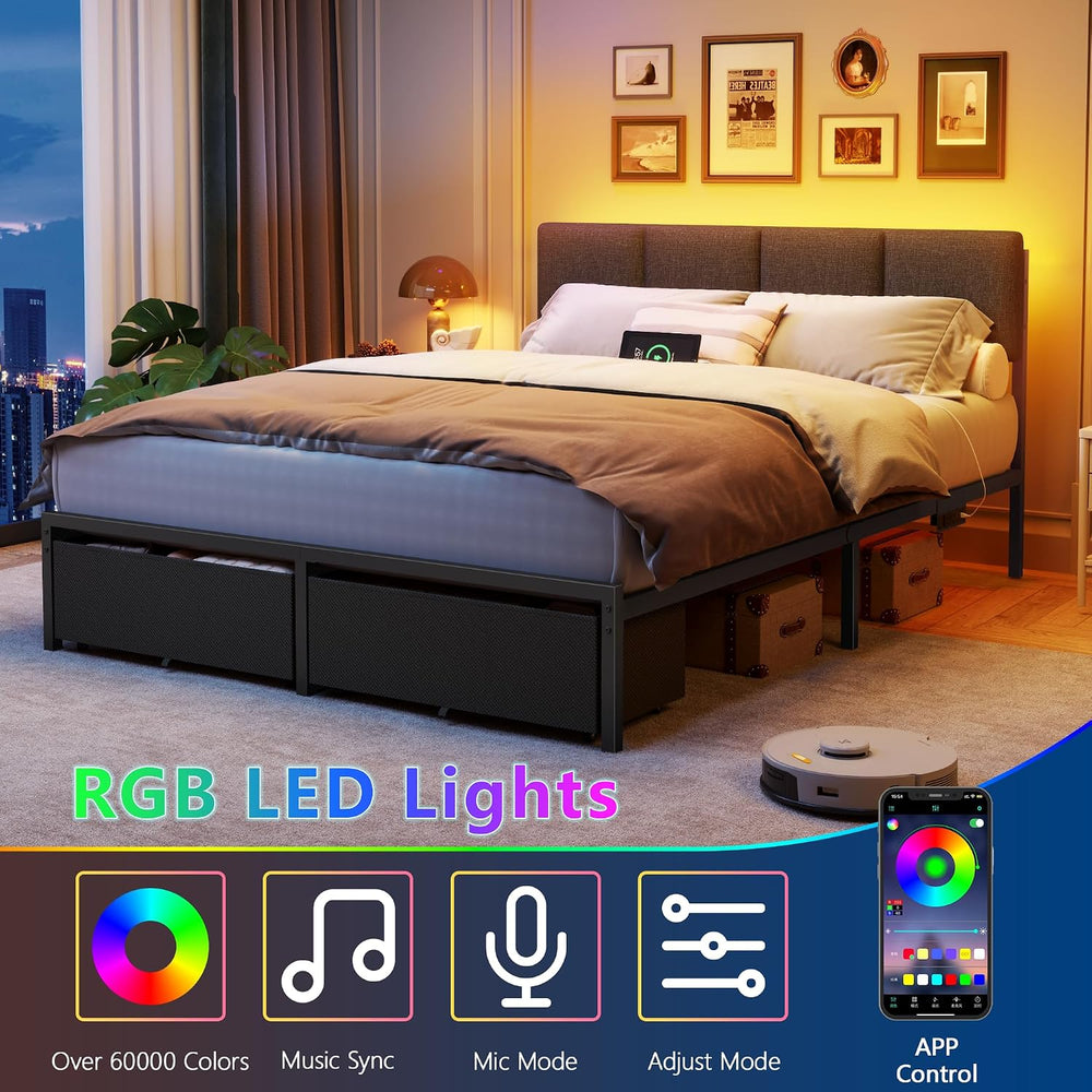 Furnulem Queen Bed Frame with Adjustable Headboard and Storage Drawers