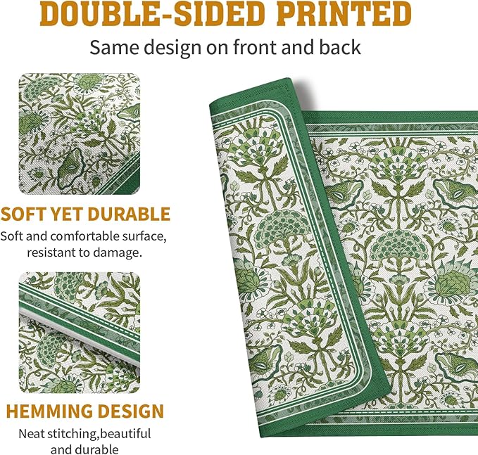 Green Floral Boho Placemats Set of 4, 12x18 Inch Vintage Chinoiserie Block - Image 4