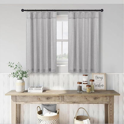 Light Grey Linen Kitchen Curtains 30 Inches Long 2 Panels Pinch Pleat Farmhouse - Image 2