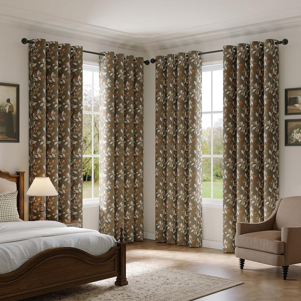 Vintage Floral Blackout Curtains Botanical Print 63 Inch 2 Panels Taupe