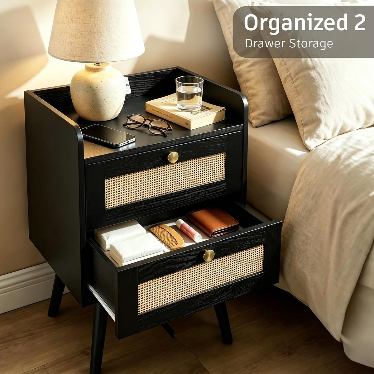 rattan nightstands set of 2, boho bedside table showing dimensions