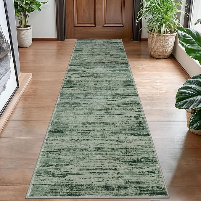 Modern Abstract Hallway Runner Rug, Forest Green Washable Kitchen Runner by lansny