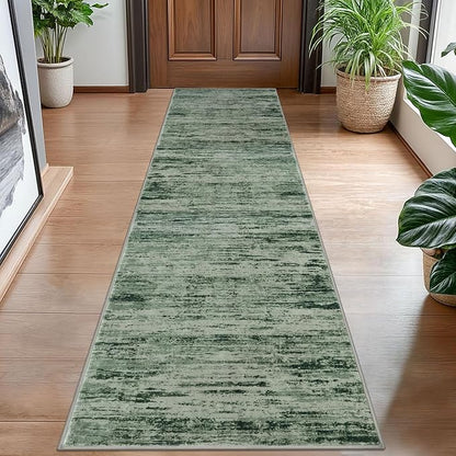 Modern Abstract Hallway Runner Rug, Forest Green Washable Kitchen Runner by lansny