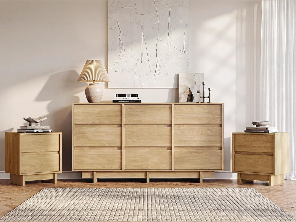 59in Oak 9 Drawer Dresser & 2 Nightstand Set, 3 Pcs Bedroom Furniture