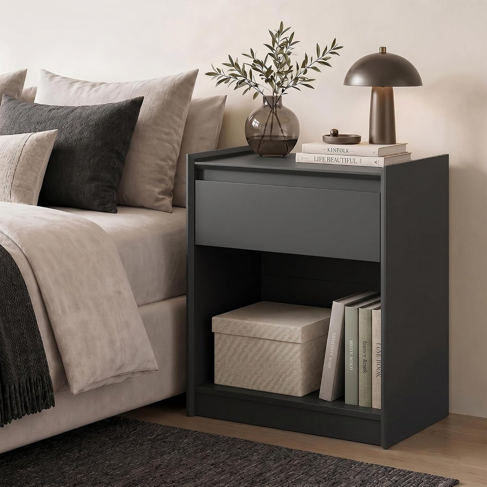 Black 24"H Nightstand, Drawer & Open Shelf, Small Bedside Table