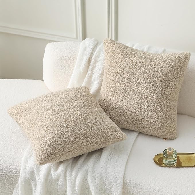 FUTEI Beige Throw Pillow Covers 22x22 Inch Set of 2, Furry Faux Fur Teddy - Image 5