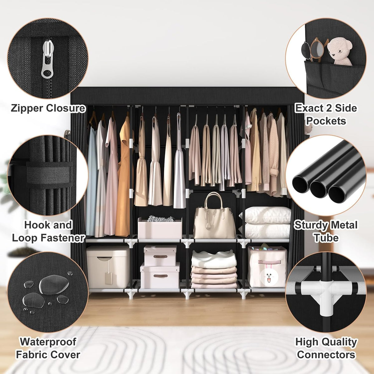 vtrin portable closet for hanging clothes 67 inch, side view