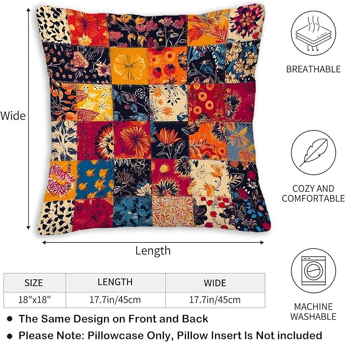 Printed Patchwork Inspired Throw Pillow Covers 18x18 Set of 2 | Floral Quilt - Image 5