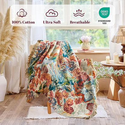 MSGKV Boho Throw Blanket for Couch 100% Cotton Floral Blanket 50"x60" Sofa Bed - Image 2