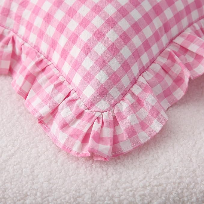2 Pack Pink White Plaid Ruffle Gingham Throw Lumbar Pillow Shams, 100% Washed - Image 7
