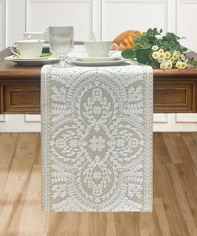 KEVA Boho Table Runner 110inches Long, Farmhouse Rustic Vintage White - Image 2