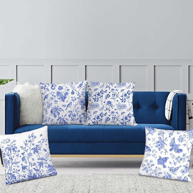 Blue Floral Bird Pillow Covers 18x18 Inch, Chinoiserie Throw Pillow Cases Set - Image 6
