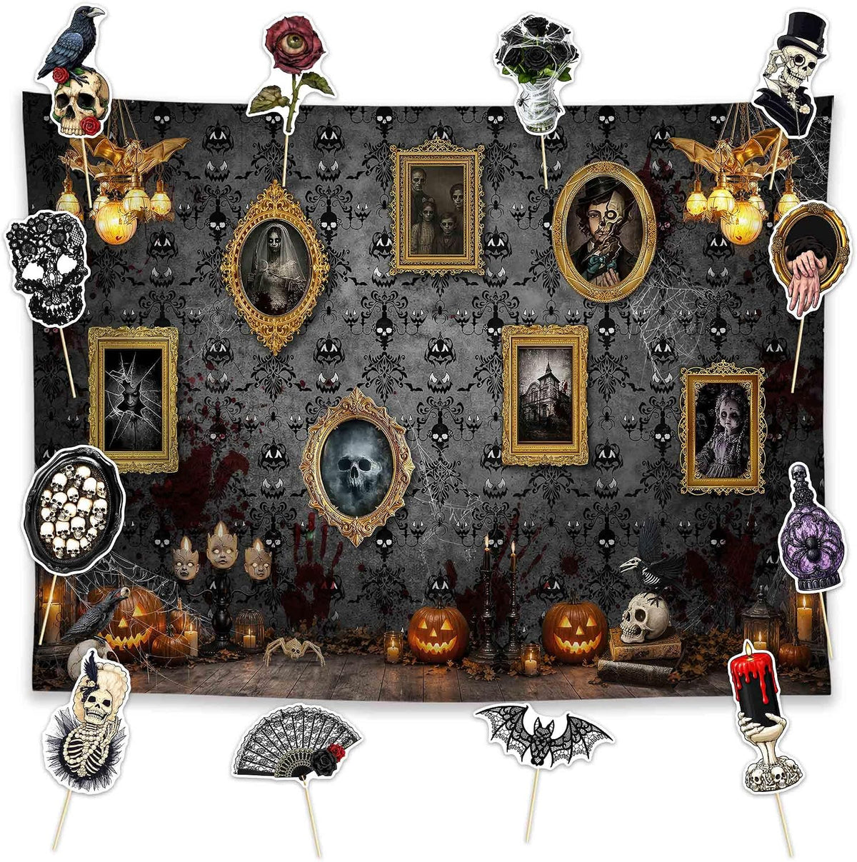 Allenjoy 96" x 72" Halloween Haunted House Photography Backdrop with Photo Booth Props, Party Decorations, Supplies and Favors