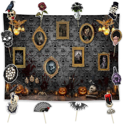 Allenjoy 96" x 72" Halloween Haunted House Photography Backdrop with Photo Booth Props, Party Decorations, Supplies and Favors