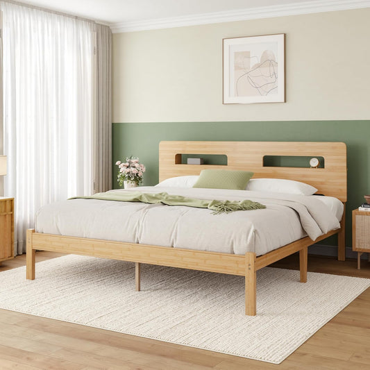ziyoo solid bamboo wood king size bed frame, main product view