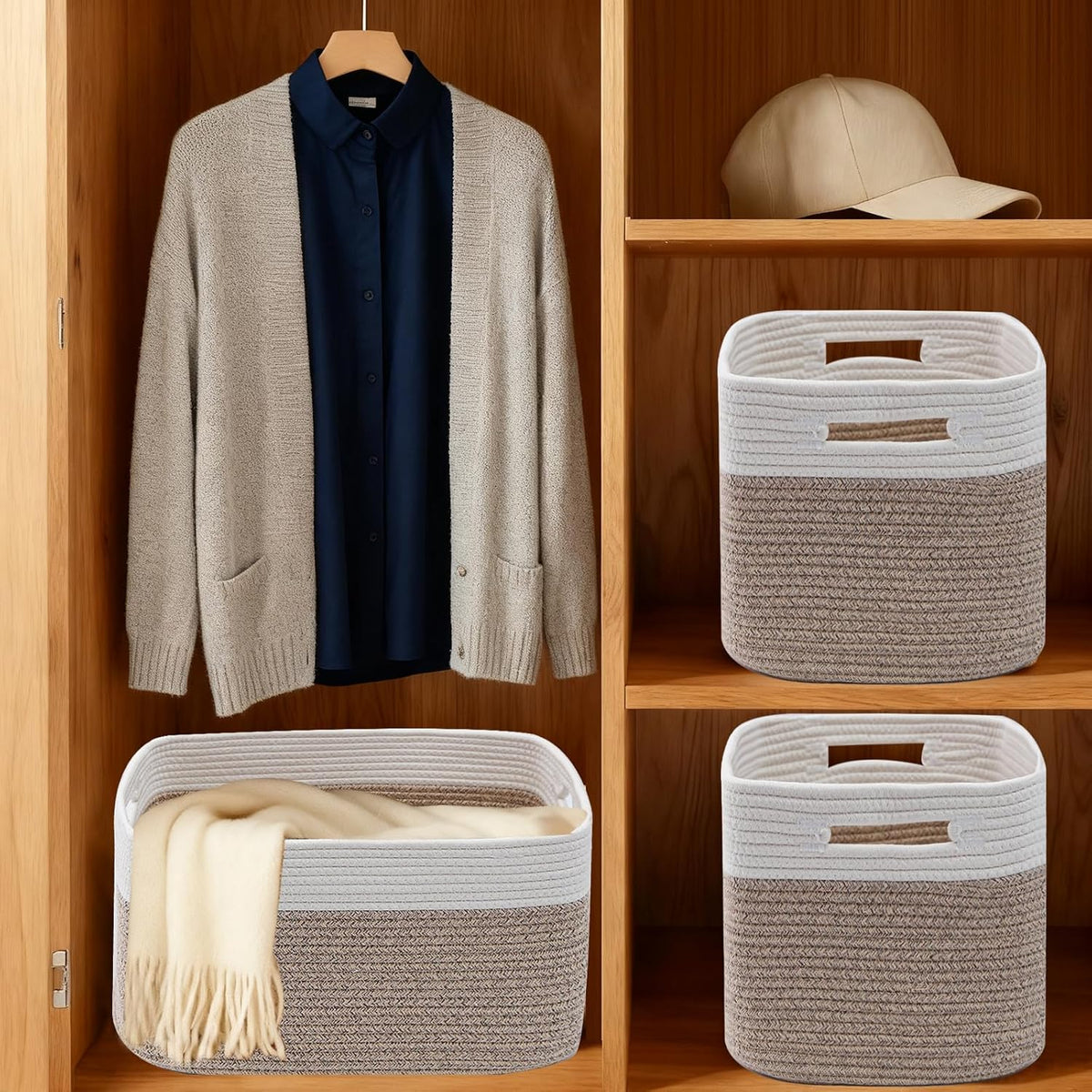 woven baskets,storage baskets for shelves with handles, front angle view