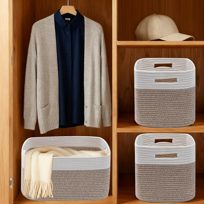 woven baskets,storage baskets for shelves with handles, front angle view