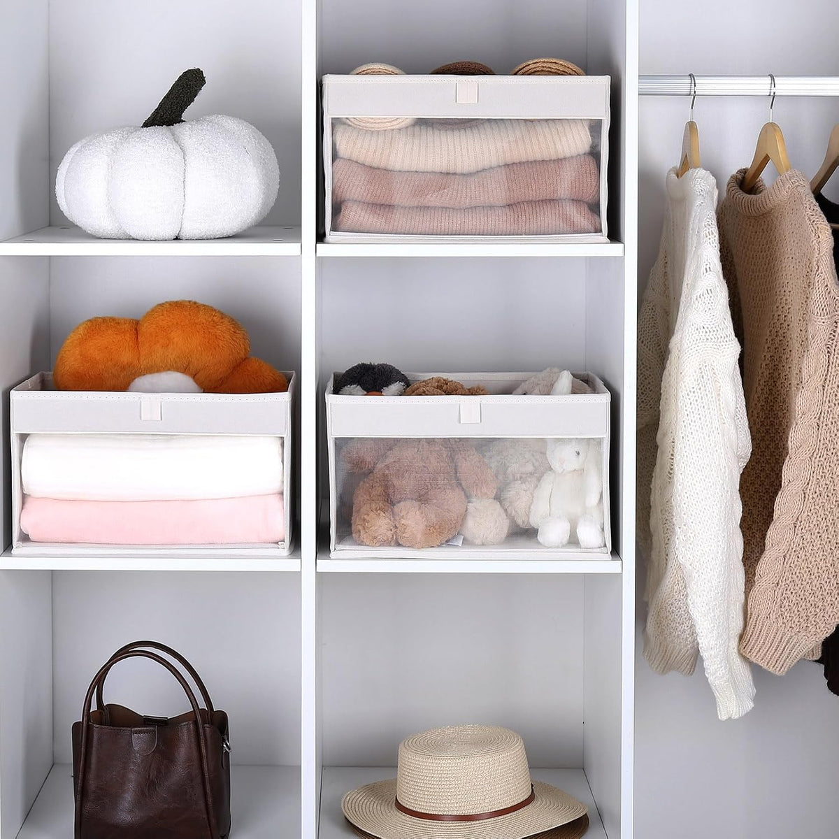 wuike closet storage bins with clear window, beige showing dimensions