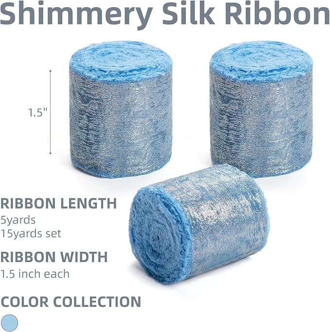 Deep Sky Blue Silk Chiffon Ribbon, Dusty Blue Frayed Shimmery Silk Ribbon - Image 2
