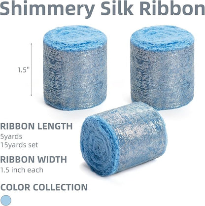 Deep Sky Blue Silk Chiffon Ribbon, Dusty Blue Frayed Shimmery Silk Ribbon - Image 2