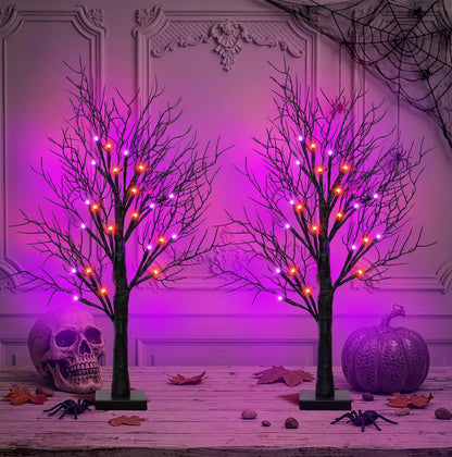 [Timer] 2 Pack Halloween Decorations Indoor, 24 Inch Lighted Black Halloween Tree with 24 Orange & Purple Lights, USB or Battery Powered Spooky Tabletop Tree for Home, Party, Fireplace & Holiday Decor