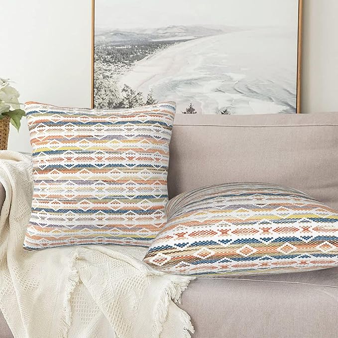 Colorful Boho Geometric Abstract Striped Throw Pillow Covers 18x18 Inch Set of - Image 3