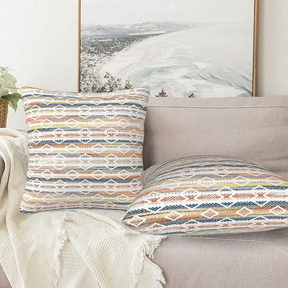 Colorful Boho Geometric Abstract Striped Throw Pillow Covers 18x18 Inch Set of - Image 3
