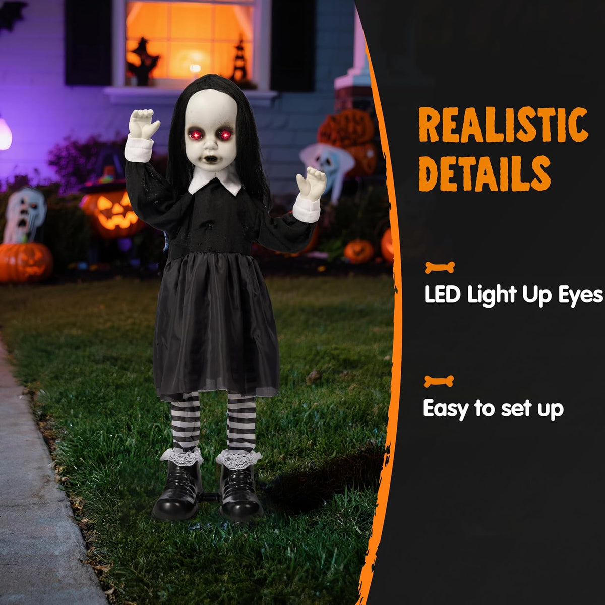 JOYIN Scary Halloween Decorations Outdoor, Black Zombie Girl Ghost Animatronics Decor with Sound Activated Sensor Glowing LED Eyes for Garden Lawn Yard Haunted House Terror Home Party Supplies