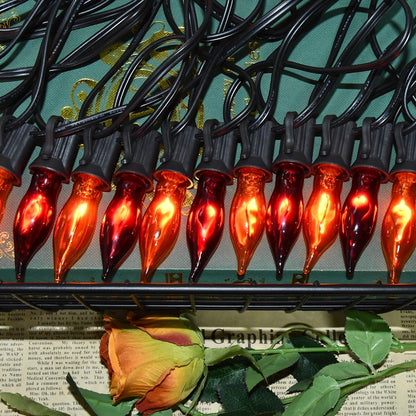27.8Ft Orange and Purple Halloween Lights Flame String Lights, Spooky Flicker Flame Lights String with 25 + 4 Orange Purple C18 Bulbs, for Halloween Home Fireplace Yard Party Indoor Outdoor Decor