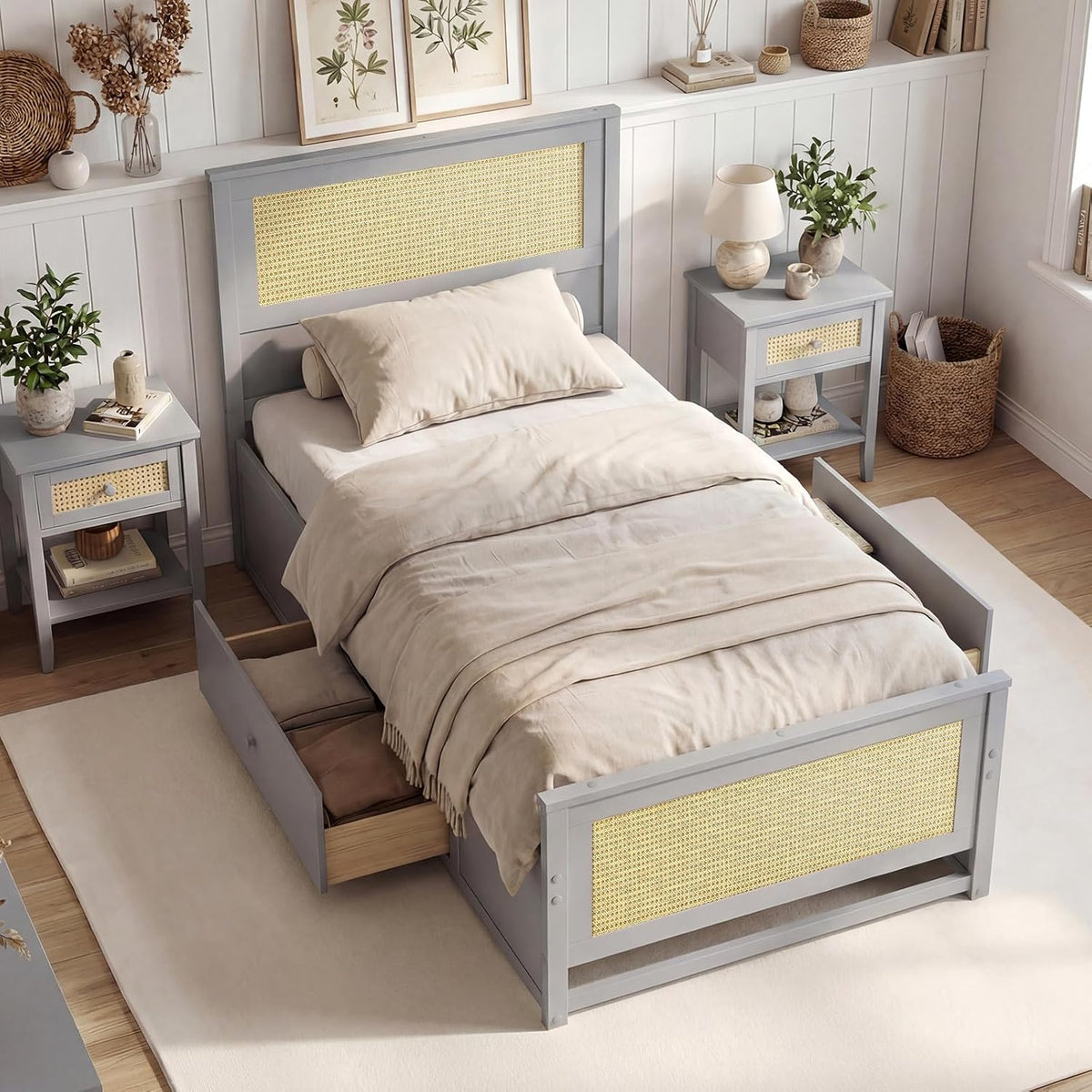 komfott twin rattan bed frame with 2 storage, main product view