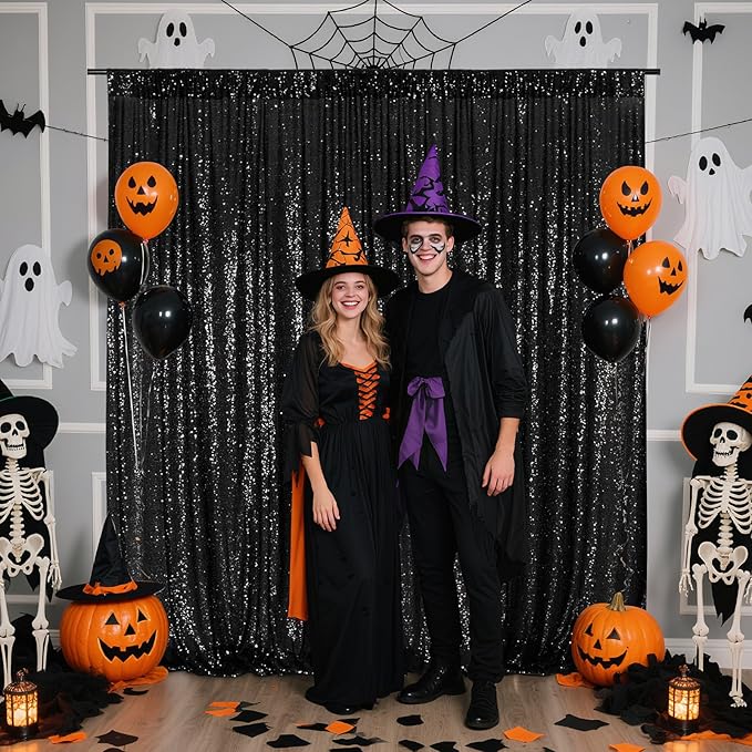 Poise3EHome Black Sequin Backdrop, 20Ft x 10Ft Glitter Photography Background Curtains for Halloween Party Wedding Birthday Christmas Thanksgiving Decoration