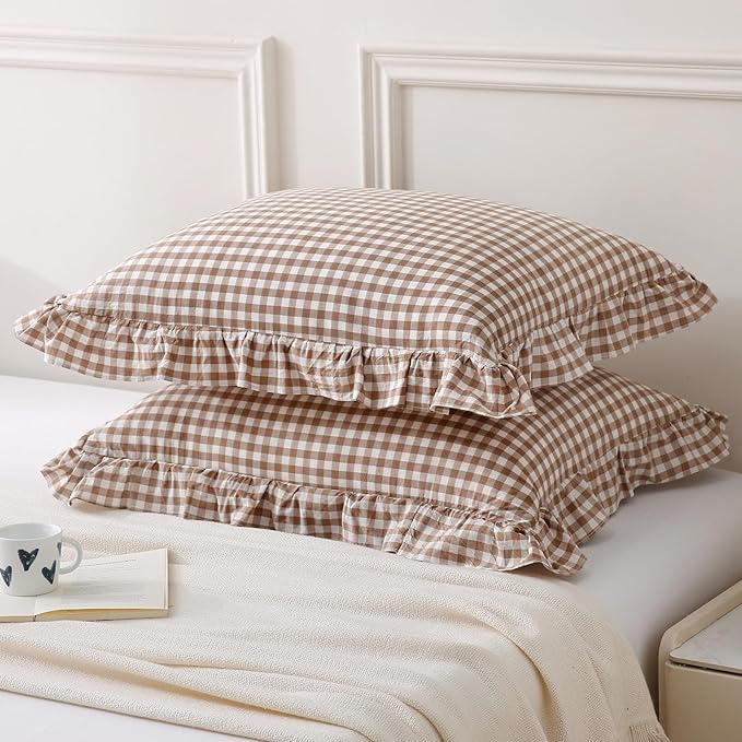 Aryeleay 2 Pack Khaki White Plaid Gingham Ruffle Pillow Shams Standard Size - Image 2