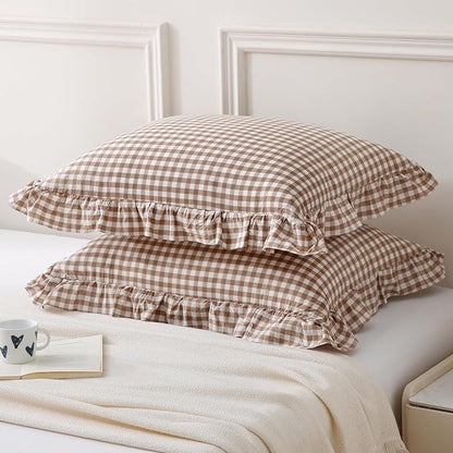 Aryeleay 2 Pack Khaki White Plaid Gingham Ruffle Pillow Shams Standard Size - Image 2