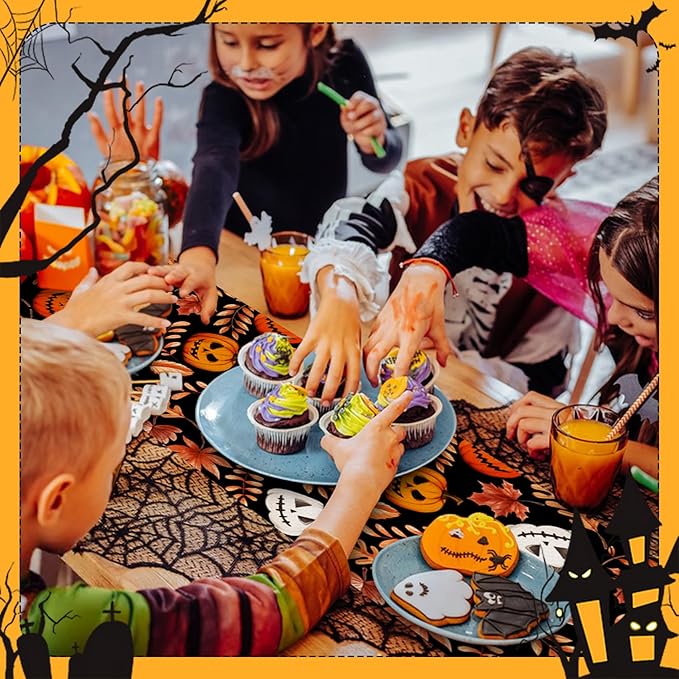 Happy Halloween Table Runner Fall Autumn Yellow Maple Leaves Pumpkin - Image 3