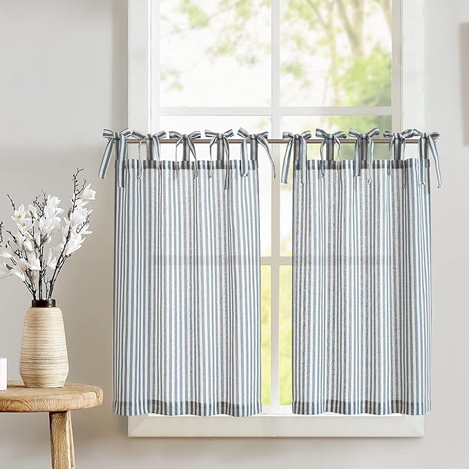jinchan Tie Top Linen Kitchen Curtains 24 Inches Striped Tier Curtains by JINCHAN