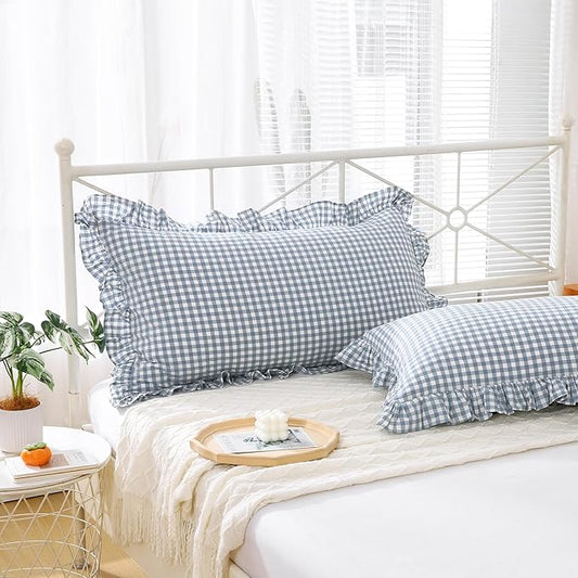 2 Pack Dusty Blue Plaid Ruffle Gingham King Size Pillow Shams, 100% Yarn-Dyed by KMASANIJI
