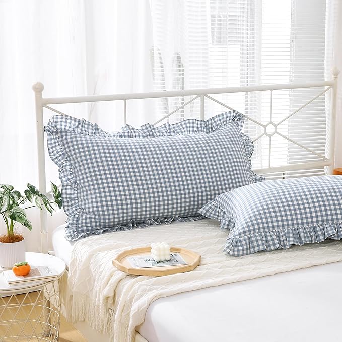 2 Pack Dust Blue White Plaid Gingham Ruffle Pillow Shams Standard Size - Image 3